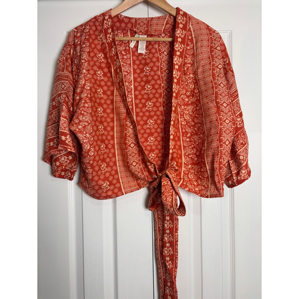 Japna Rust Orange Boho Paisley Tie Front Kimono Top Wide Sleeve Rayon Large